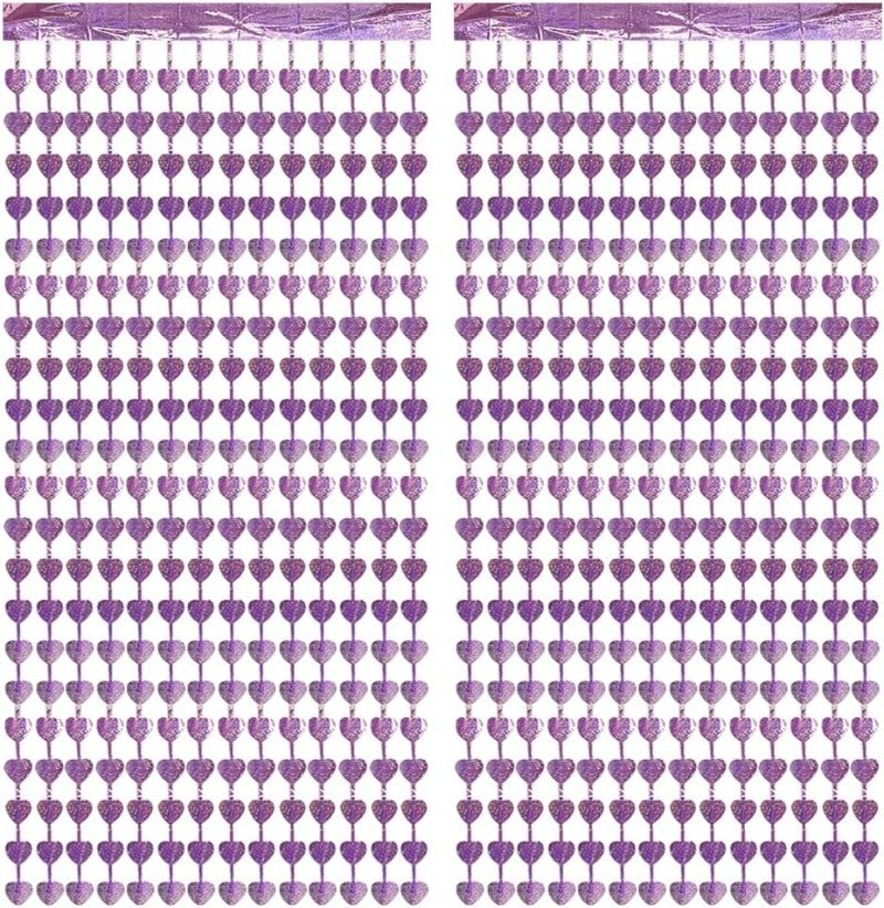 2 Pack of 3.3x6.6ft Pink Heart Shape Foil Fringe Backdrop Curtains