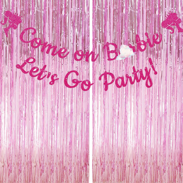 Come on, Let's Go Party Banner with Metallic Pink Fringe Curtains