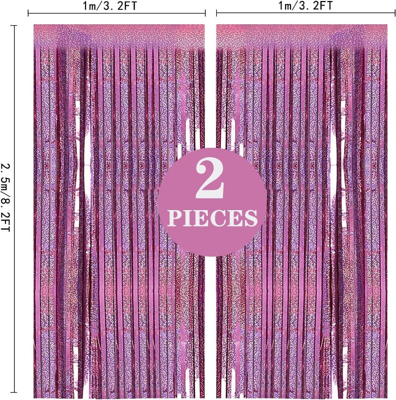 2 Pack 3.2ft x 6.6ft Pink Glittery Tinsel Foil Fringe Curtains