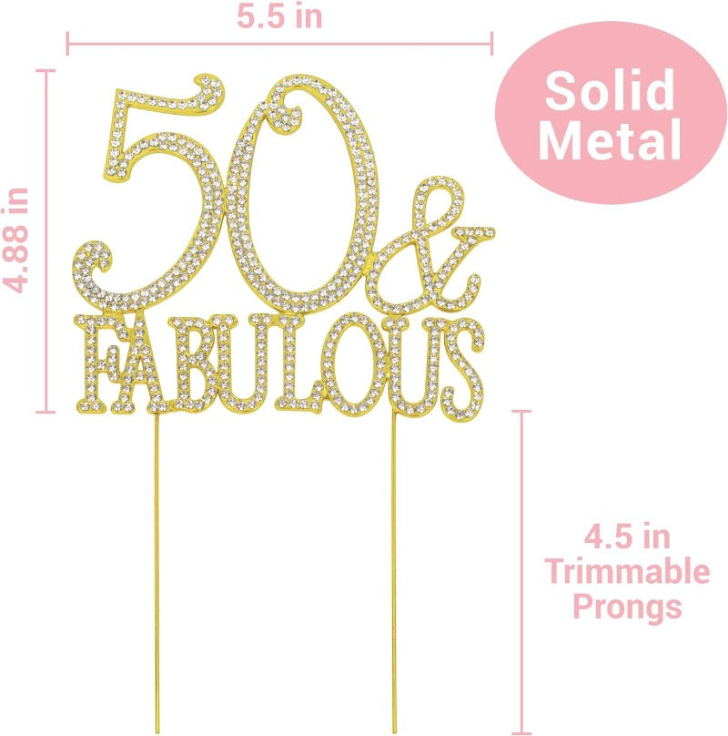 50 and Fabulous Cake Topper - Premium Gold Metal Sparkly Rhinestone Decoration