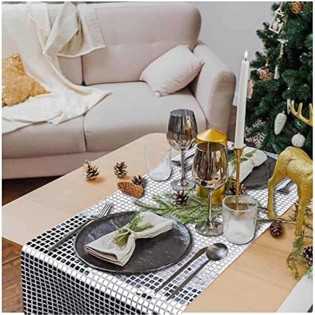 12 x 108 Inches Disco Party Table Runner Mirror Silver Foil Table Runner