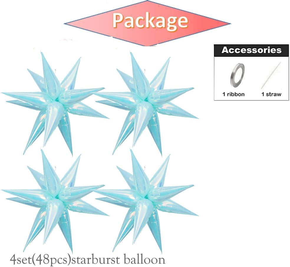 26Inch Iridescent Blue Exploding Star Balloons, Crystal Holographic 4 Sets