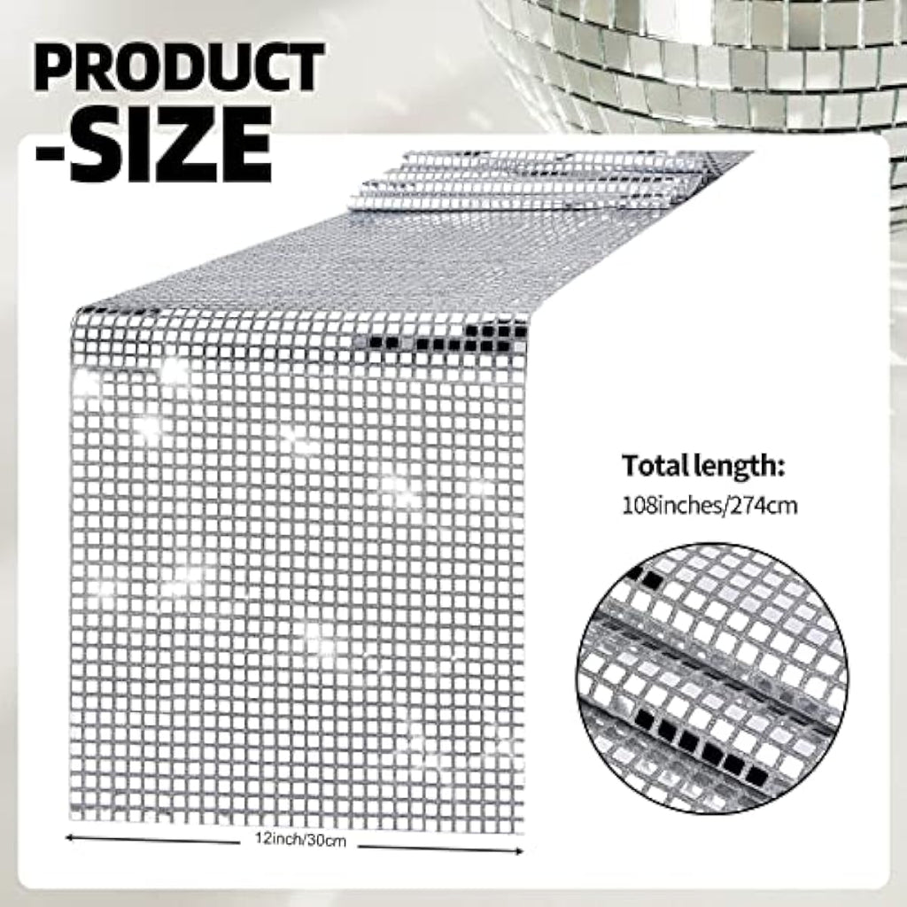 12 x 108 Inches Disco Party Table Runner Mirror Silver Foil Table Runner