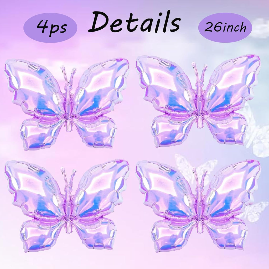 4pcs Iridescents Purple Buttefly Foil Balloons, 26"