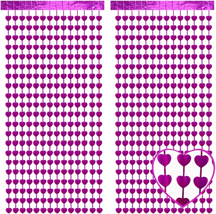2 Pack 3.3 x 6.6ft Hot Pink Heart Shape Foil Fringe Backdrop