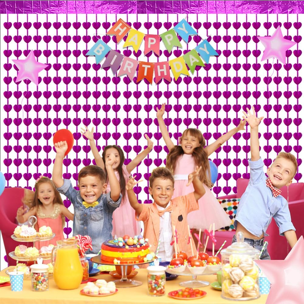 2 Pack 3.3 x 6.6ft Hot Pink Heart Shape Foil Fringe Backdrop