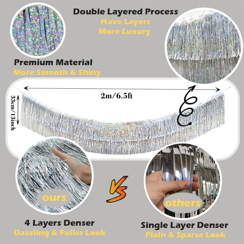 2 Pack Glitter Silver Foil Fringe Garland-4 Layers Thick