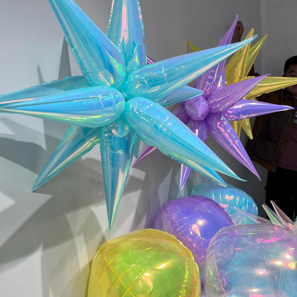 26Inch Iridescent Blue Exploding Star Balloons, Crystal Holographic 4 Sets