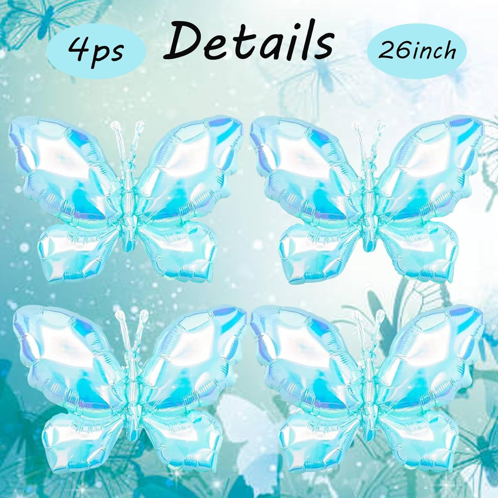 4pcs Iridescents Blue Buttefly Foil Balloons, 26"