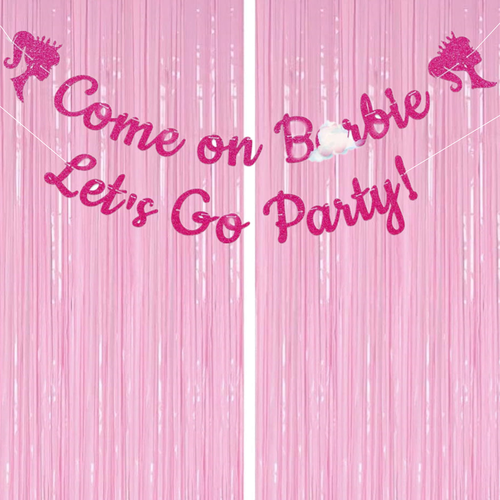 Come on, Let's Go Glittery Party Banner with Macaron Pink Fringe Curtains