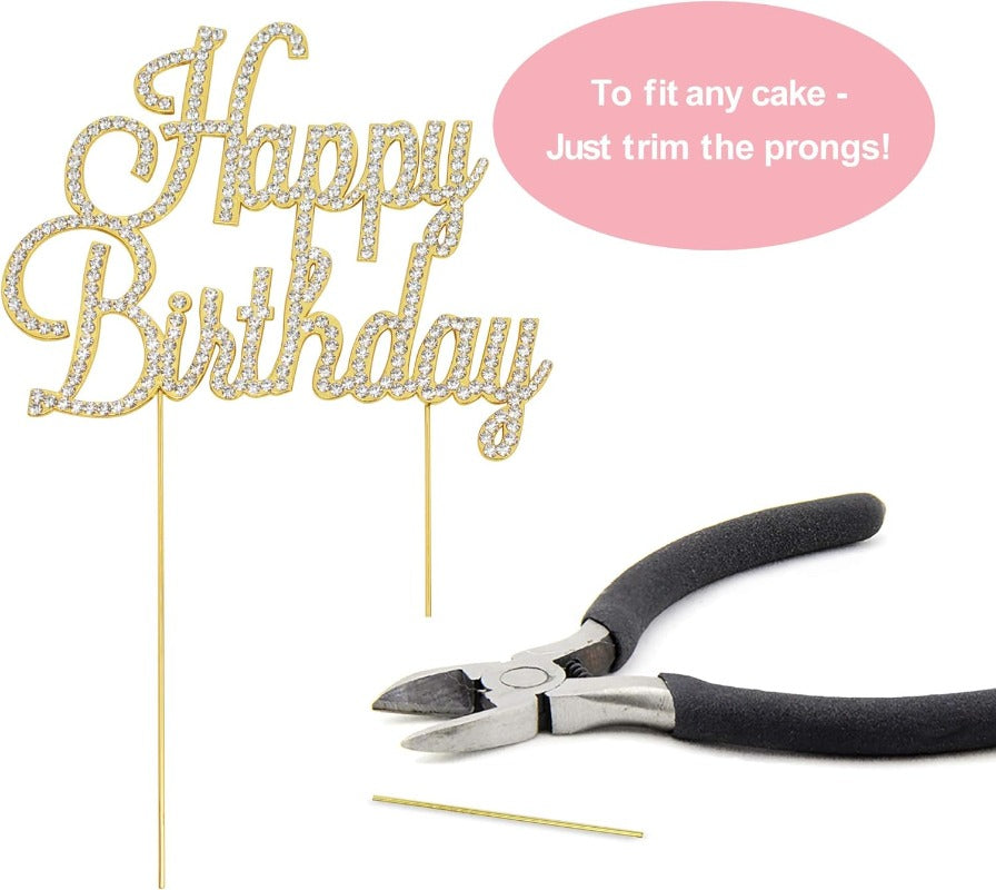 Happy Birthday Cake Topper - Premium Gold Metal Sparkly Rhinestone Decoration