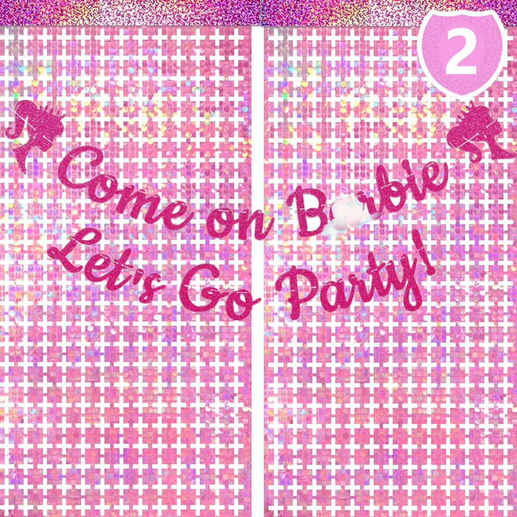 Come on, Let's Go Glittery Hot Pink Party Banner with Sparkle Pink Square Fringe Curtains
