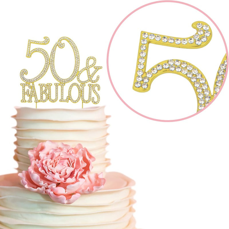50 and Fabulous Cake Topper - Premium Gold Metal Sparkly Rhinestone Decoration