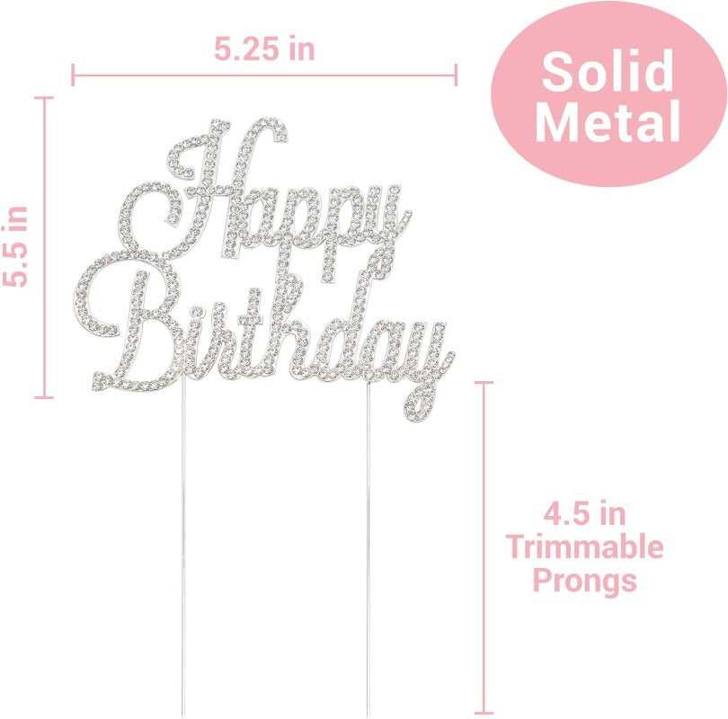 Happy Birthday Cake Topper - Premium Silver Metal Sparkly Rhinestone Decoration