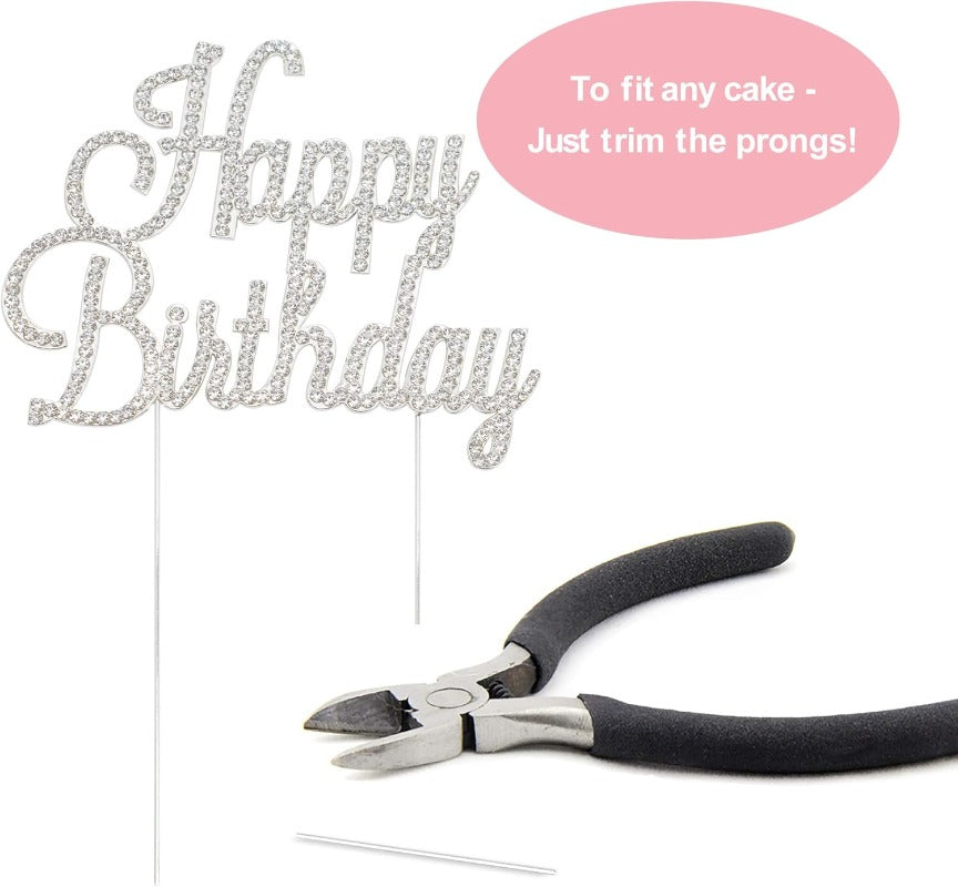 Happy Birthday Cake Topper - Premium Silver Metal Sparkly Rhinestone Decoration