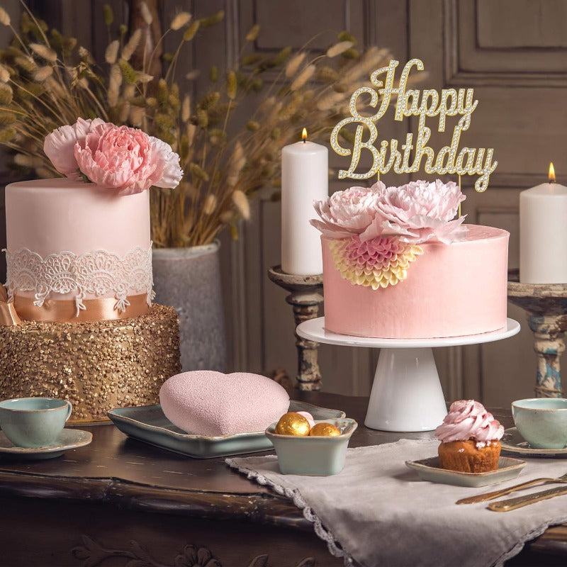 Happy Birthday Cake Topper - Premium Gold Metal Sparkly Rhinestone Decoration