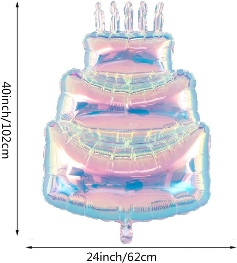 Gaint Three-Tier Iridescent Holographic Happy Birthday Cake Foil Balloon 40 Inch