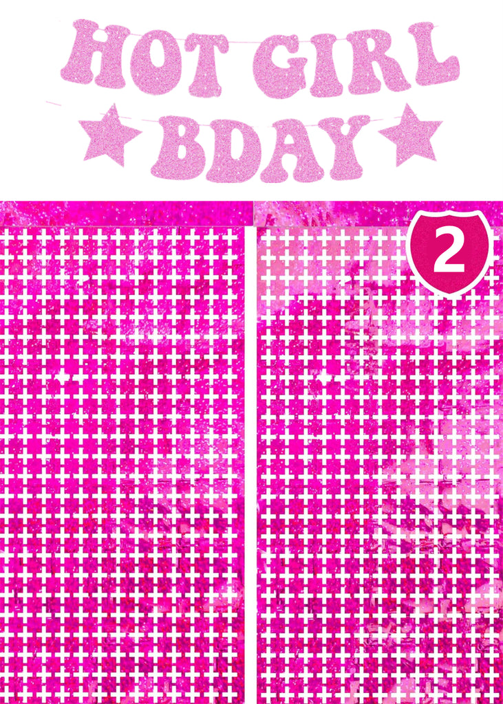 HOT GIRL BDAY Birthday Banner with Laser Glittery Fringe Curtains