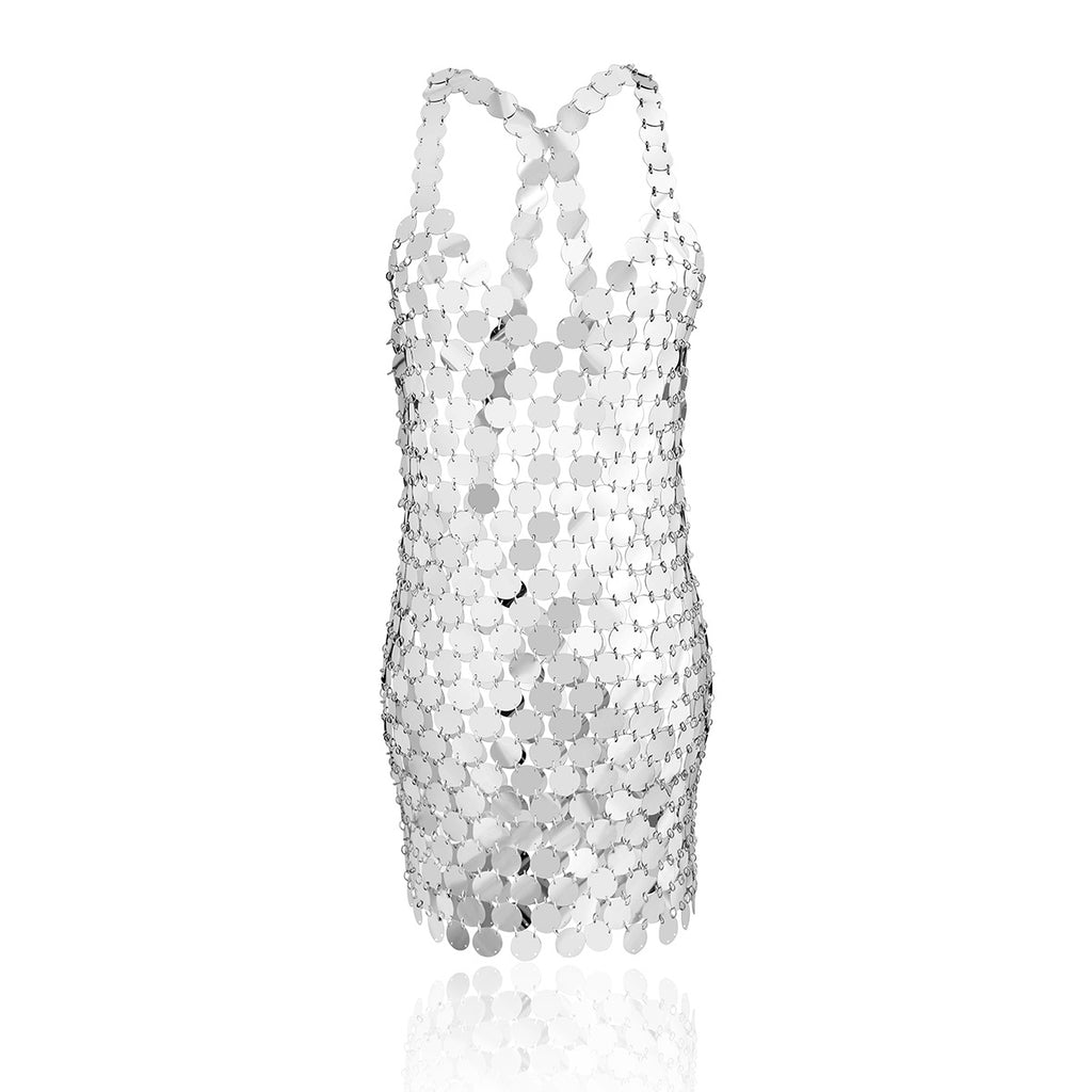 Chunky Sequin Party Dress, Exaggerated Round Clothes, Women's Sexy Geometric Openwork Sequin Body Chain