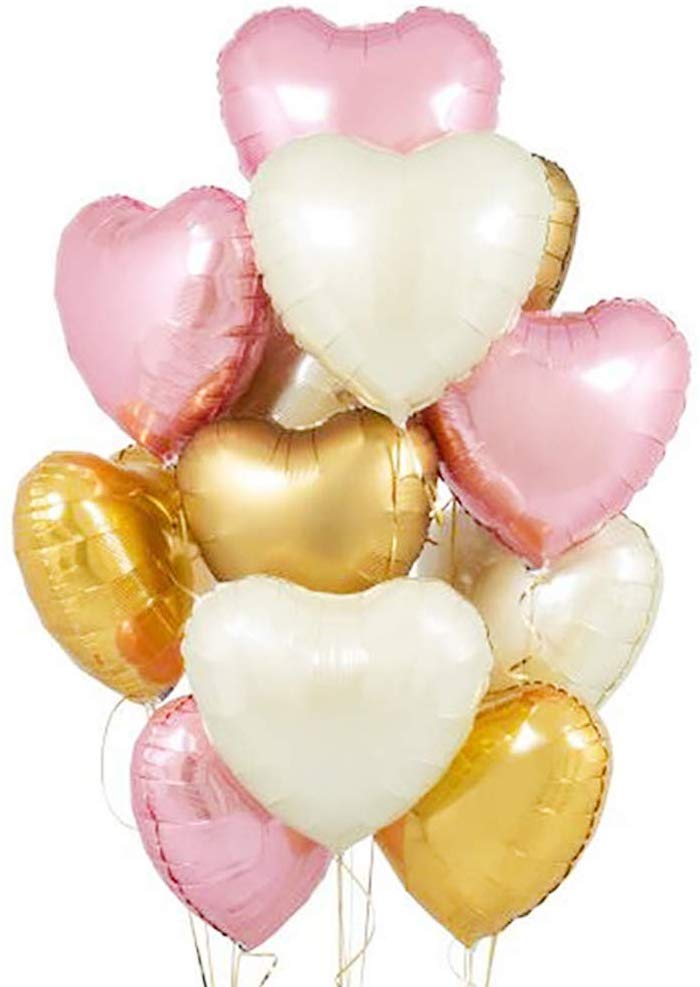 24pcs Heart Foil Balloons Metallic Beige, Gold and Light Pink 18"