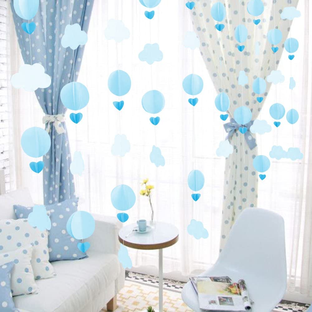Pastel Cloud Hot Air Balloon Garland, Photo Prop Perfect for Themed Birthdays, Baby Showers, Weddings Decor 110 Inch/2.8M Each, Pack of 2, Each String 36 Pieces of Paper (Blue)