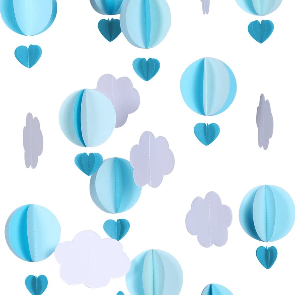 Pastel Cloud Hot Air Balloon Garland, Photo Prop Perfect for Themed Birthdays, Baby Showers, Weddings Decor 110 Inch/2.8M Each, Pack of 2, Each String 36 Pieces of Paper (Blue)