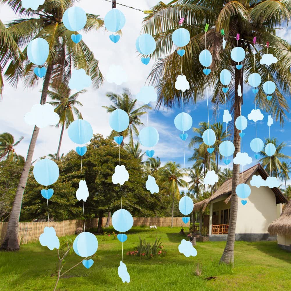 Pastel Cloud Hot Air Balloon Garland, Photo Prop Perfect for Themed Birthdays, Baby Showers, Weddings Decor 110 Inch/2.8M Each, Pack of 2, Each String 36 Pieces of Paper (Blue)