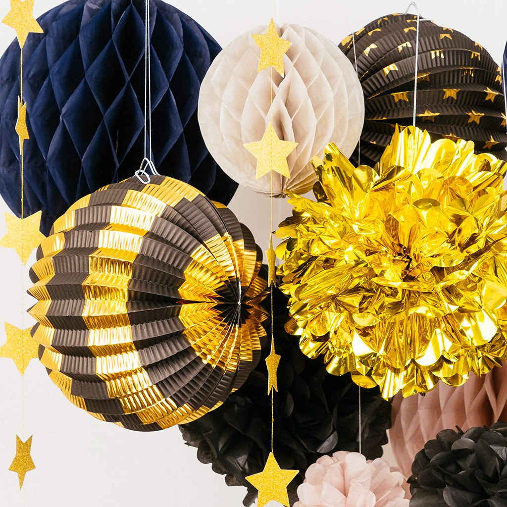 Deluxe Paper Party Decoration Set - Pom Pom, Honeycomb and Accordion Lantern (Charcoal & Gala Blue with Metallic Gold)