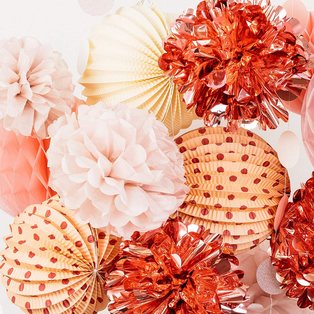 Premium Paper Decoration Set - Pom Pom, Honeycomb and Accordion Lantern (Dusty Rose Bloom with Metallic Rose Gold)