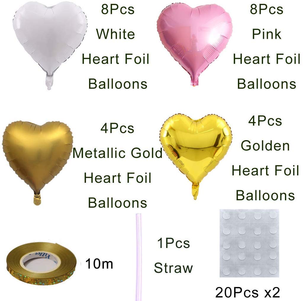 24pcs Heart Foil Balloons Metallic Beige, Gold and Light Pink 18"