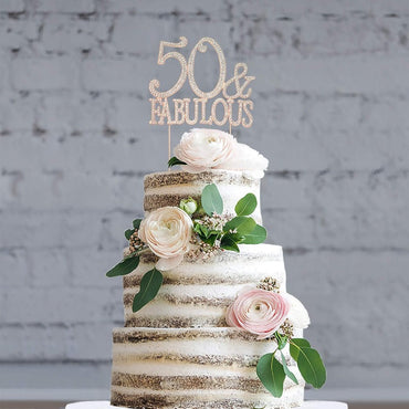 50 and Fabulous Cake Topper - Premium Rose Gold Metal Sparkly Rhinestone Decoration