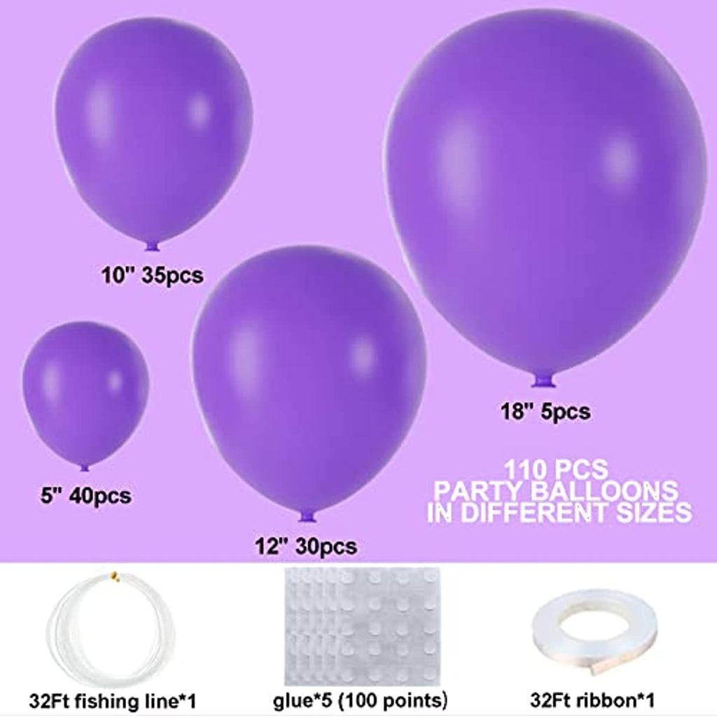 Purple Balloons 110Pcs Purple Balloon Garland Arch Kit 5/10/12/18 Inch Matte Latex Purple Balloons with Different Sizes