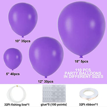 Purple Balloons 110Pcs Purple Balloon Garland Arch Kit 5/10/12/18 Inch Matte Latex Purple Balloons with Different Sizes