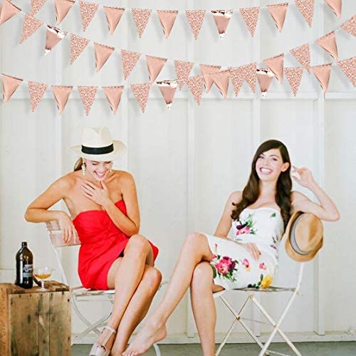 30 Ft Rose Gold Double Sided Glitter Metallic Paper Triangle Flag Pennant Bunting Banner