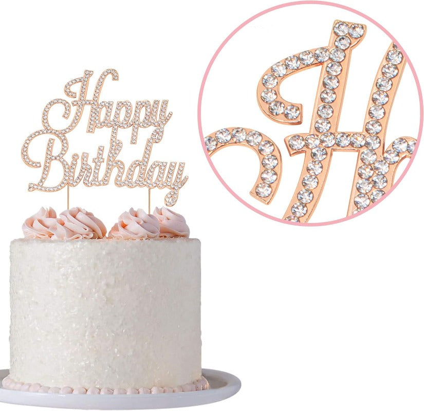 Happy Birthday Cake Topper - Premium Rose Gold Metal Sparkly Rhinestone Decoration