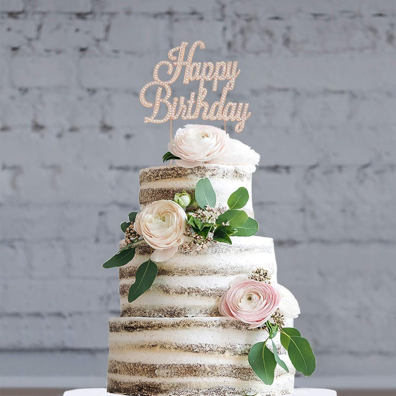 Happy Birthday Cake Topper - Premium Rose Gold Metal Sparkly Rhinestone Decoration