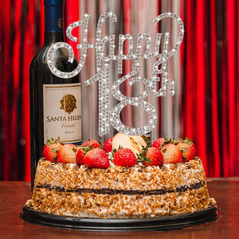 Happy 18th Birthday Cake Topper with Sparkly Silver Rhinestone