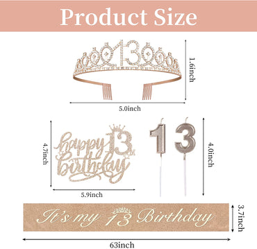 Birthday Decorations for Girls, Birthday Sash,Crown/Tiara,Candles,Cake Toppers.13th Birthday Gifts for Girls,Rose Gold 13 Birthday Decorations for Girls,13 Year Old Official Teenager Happy Birthday Decorations