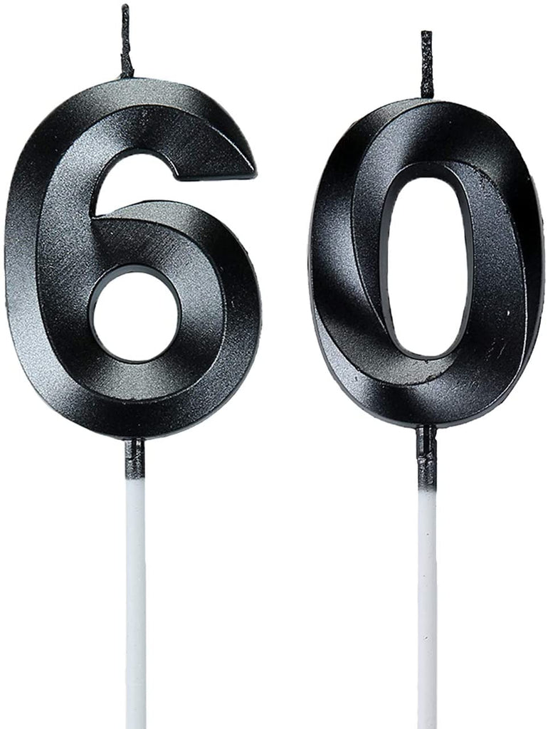 Black 60th Birthday Candles, Number 60 Cake Topper for Birthday Decorations Party Decoration