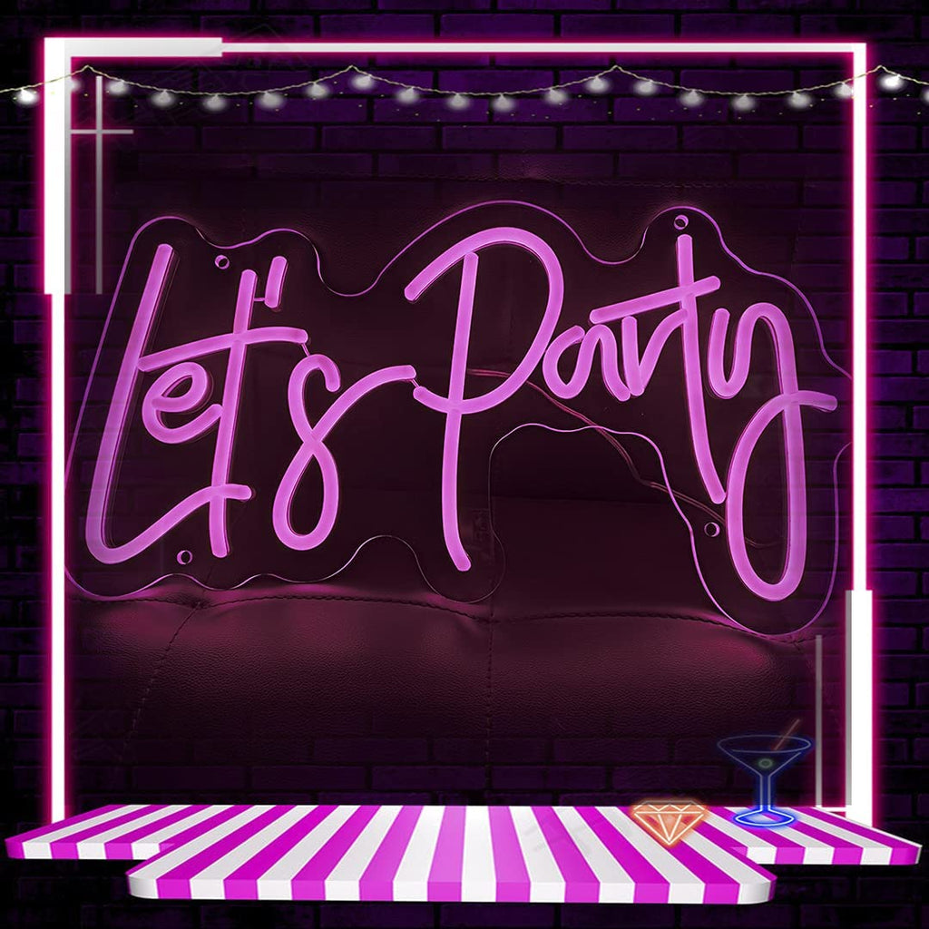 Let's Party 22x12 Inches Custom LED Neon Sign, Neon Sign LED, Neon Sign Letters,Led Neon Sign Wall Light for Home, Kids Room, Bar, Birthday Party, Christmas,Wedding Decor (Pink Let's Party)