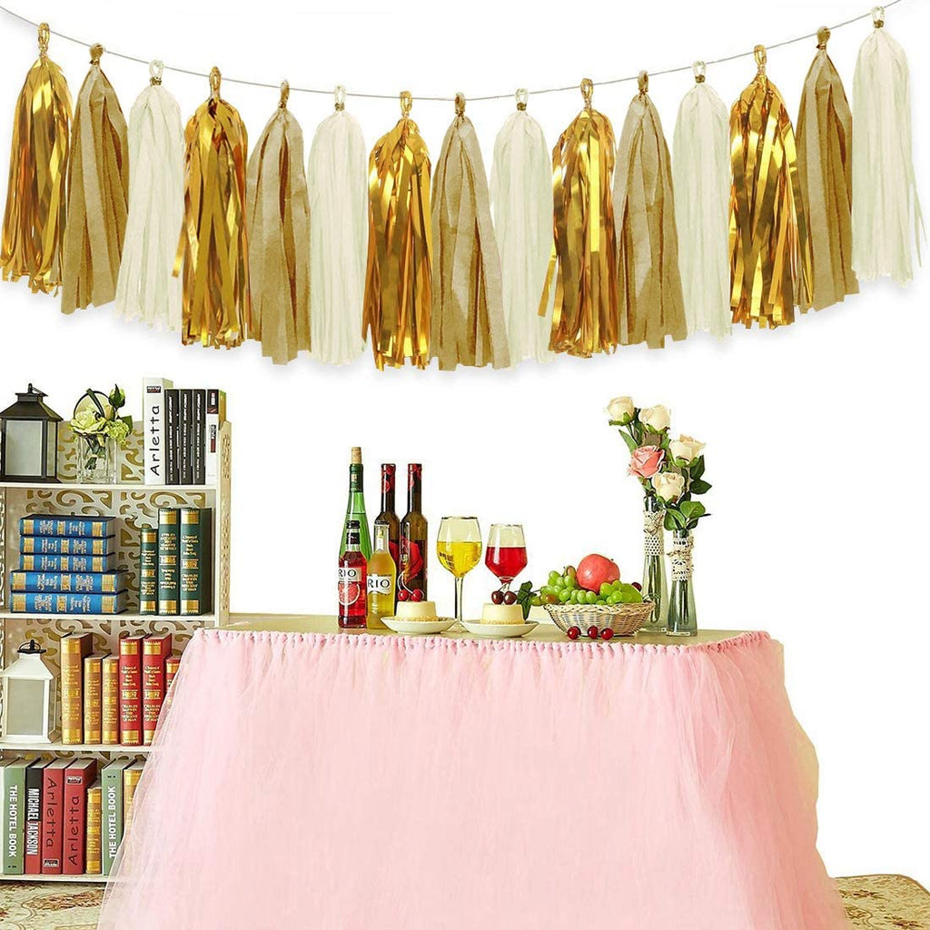 Sparkly Paper Pennant Banner Triangle Flags Bunting 8.2 Feet and Tissue Paper Tassels Garland 15 pcs