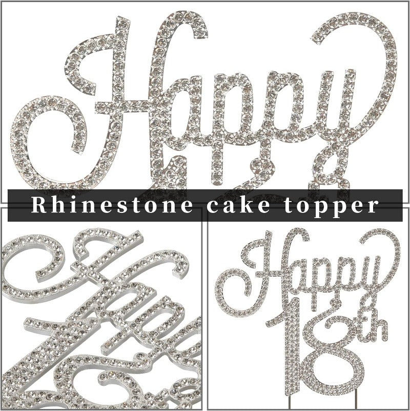 Happy 18th Birthday Cake Topper with Sparkly Silver Rhinestone