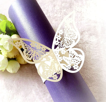 50pcs 13 Colors Butterfly Style Laser Cut Paper Rings Napkins Holders Hotel Birthday Wedding Xmas Party Favor Table Decoration(Ivory)