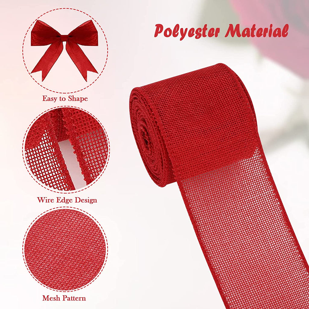 Christmas Burlap Wired Edge Ribbon for Gift Wrapping, Christmas Trees Decorations, Crafts Making, 2 Rolls, 2.5 Inch x 6 Yards, Red