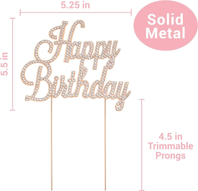 Happy Birthday Cake Topper - Premium Rose Gold Metal Sparkly Rhinestone Decoration