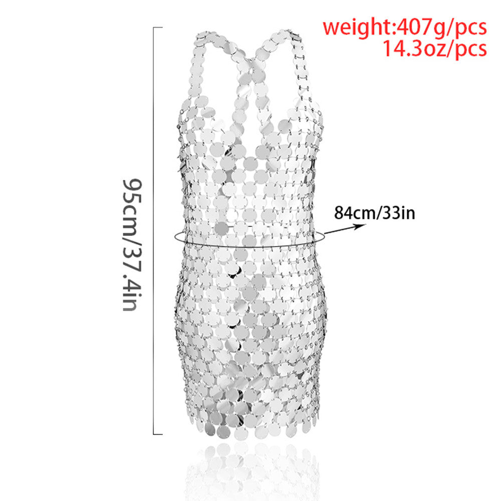 Chunky Sequin Party Dress, Exaggerated Round Clothes, Women's Sexy Geometric Openwork Sequin Body Chain
