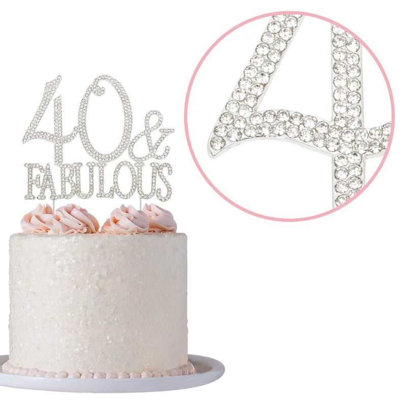 40 and Fabulous Cake Topper - Premium Silver Metal Sparkly Rhinestone Decoration