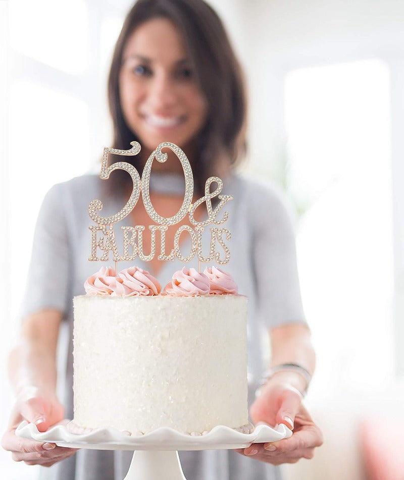 50 and Fabulous Cake Topper - Premium Rose Gold Metal Sparkly Rhinestone Decoration