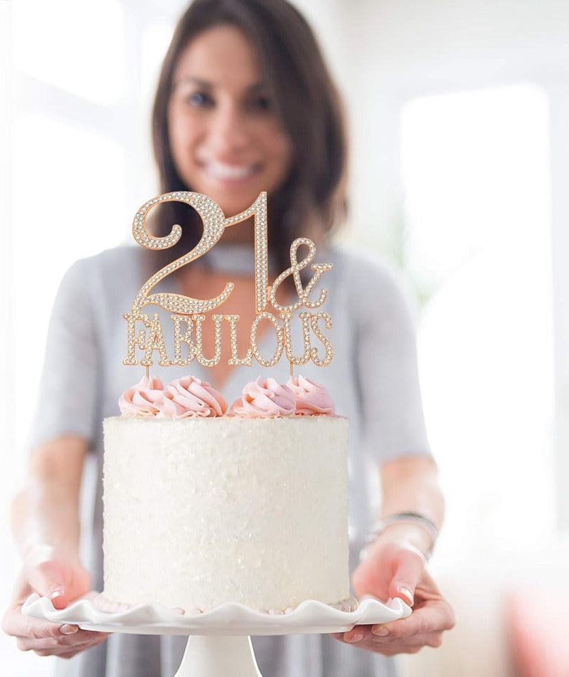 21 and Fabulous Cake Topper - Premium Rose Gold Metal Sparkly Rhinestone Decoration