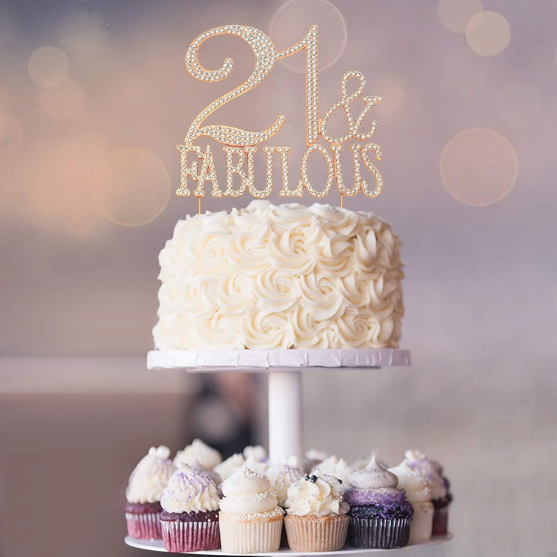 21 and Fabulous Cake Topper - Premium Rose Gold Metal Sparkly Rhinestone Decoration